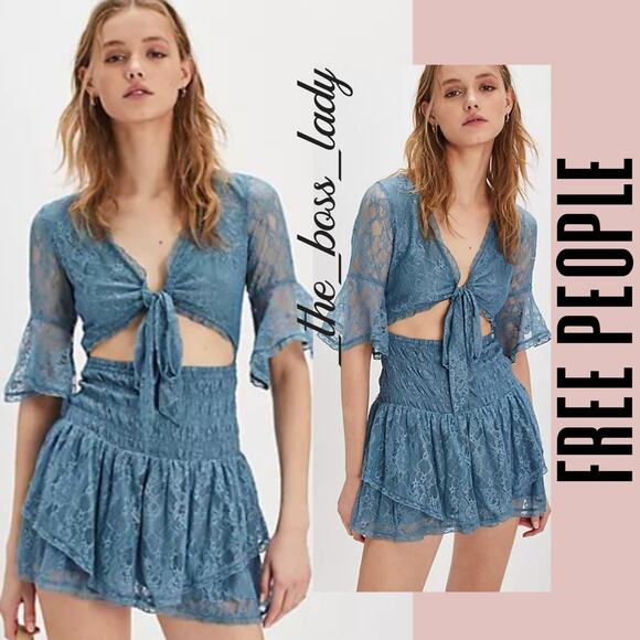 Free People mini dress floral lace cutout ruffled tiered sheer mesh boho Small - Picture 4 of 10